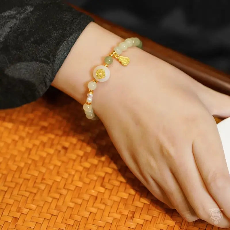 Palace Celadon Nephrite Jade Bracelet with Gourd & Butterfly Charms