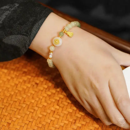 Palace Celadon Nephrite Jade Bracelet with Gourd & Butterfly Charms