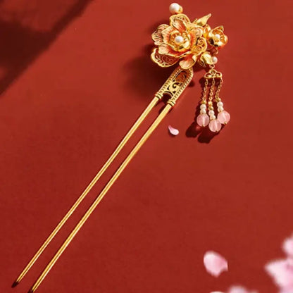Palace Imperial Peony Enamel Hairpin with Rose Quartz