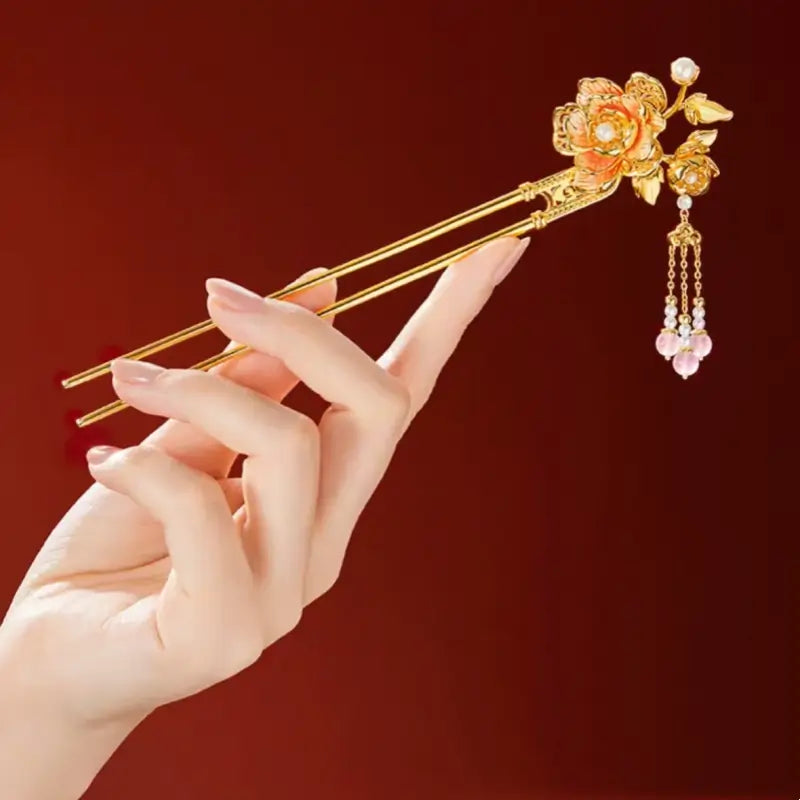 Palace Imperial Peony Enamel Hairpin with Rose Quartz
