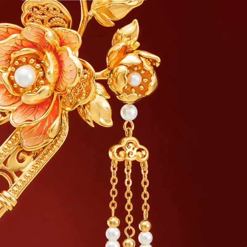 Palace Imperial Peony Enamel Hairpin with Rose Quartz
