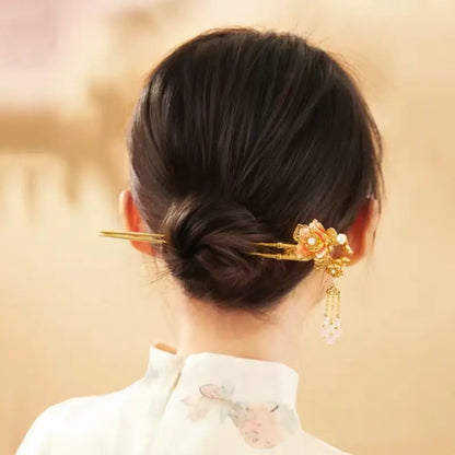 Palace Imperial Peony Enamel Hairpin with Rose Quartz