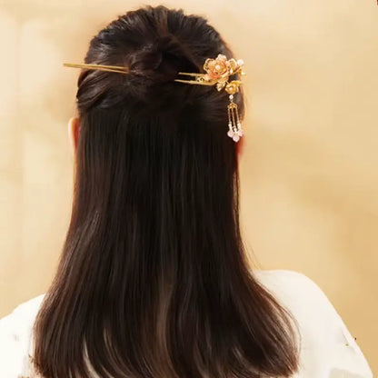 Palace Imperial Peony Enamel Hairpin with Rose Quartz