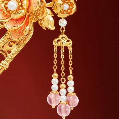 Palace Imperial Peony Enamel Hairpin with Rose Quartz