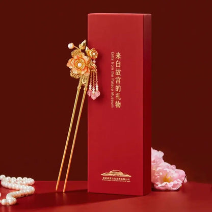 Palace Imperial Peony Enamel Hairpin with Rose Quartz