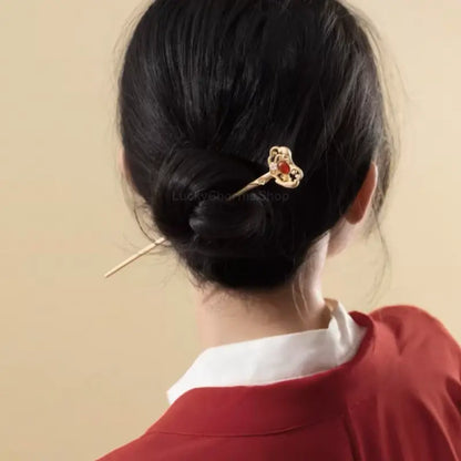 宮廷紅瑪瑙如意金メッキ真珠貝ヘアピン