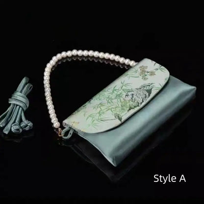 Sac à bandoulière et sac à main en brocart de soie et chaîne de perles, inspiré du patrimoine immatériel