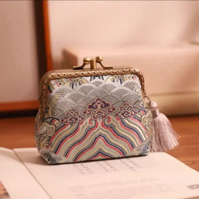 Porte-monnaie double couche en soie brodée de style chinois