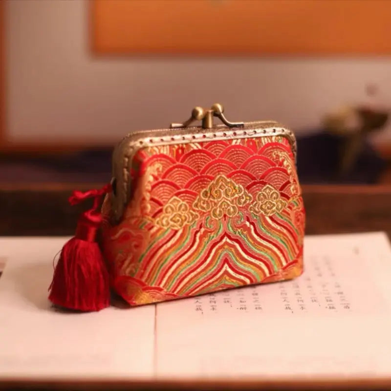 Porte-monnaie double couche en soie brodée de style chinois