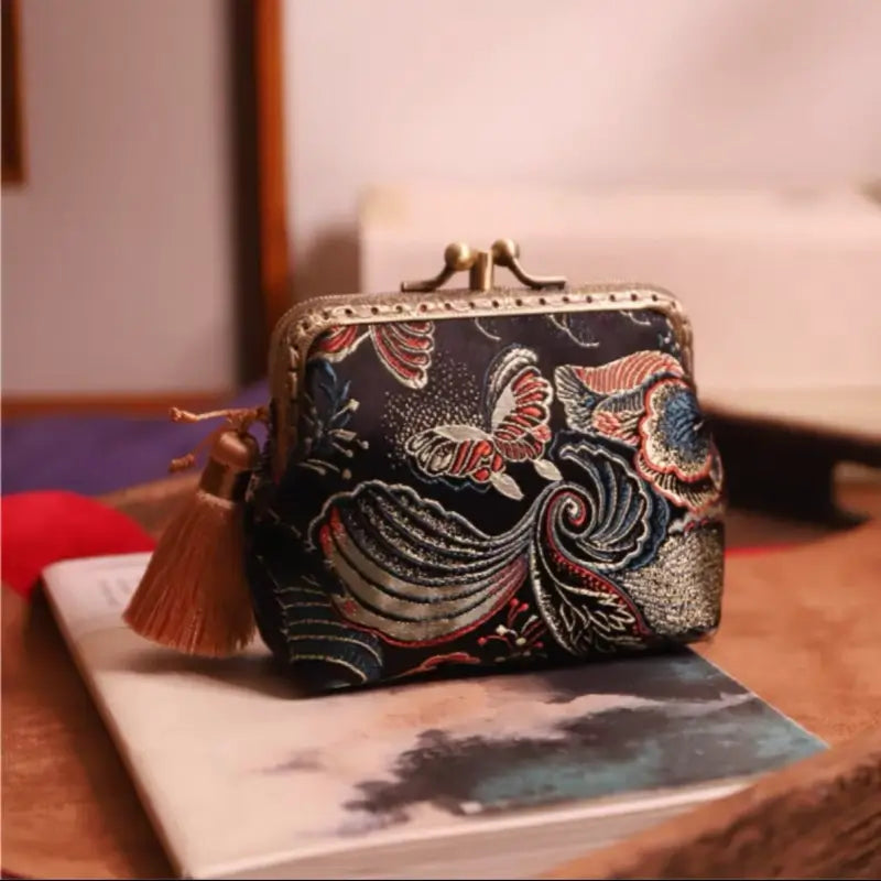 Porte-monnaie double couche en soie brodée de style chinois