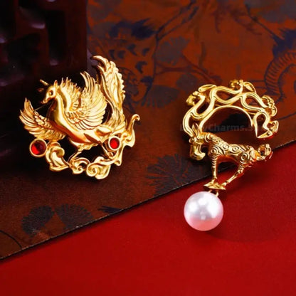 Shaanxi History Museum Gilded Brooch | Cultural Relic Inspired, Auspicious Meaning, Safety Lock - Gift & Daily Wear-LuckyCharms.Shop