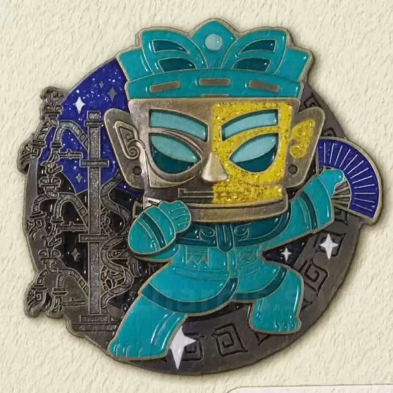 Bronze Standing Figure Face-Changing Mask Metal Fridge Magnet from Sanxingdui Museum-LuckyCharms.Shop