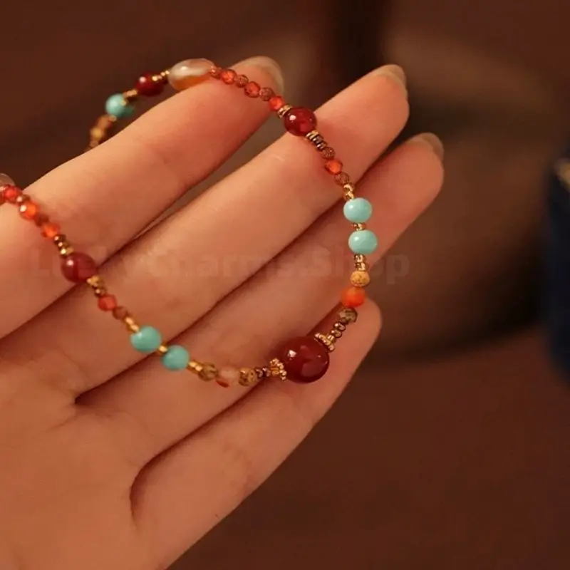 Neo-Chinese Natural Red Agate & Turquoise Multi-Way Luck Beaded Necklace-LuckyCharms.Shop