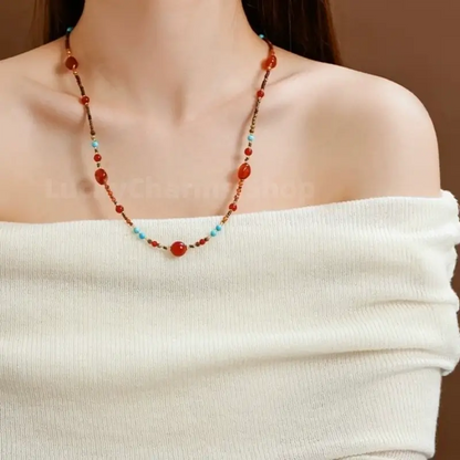 Neo-Chinese Natural Red Agate & Turquoise Multi-Way Luck Beaded Necklace-LuckyCharms.Shop