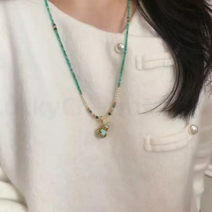 Enamel Gourd Pendant Red Agate Beaded Long Necklace for Luck Success Wealth-LuckyCharms.Shop