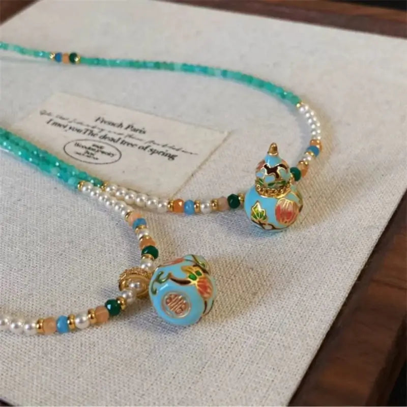 Enamel Gourd Pendant Red Agate Beaded Long Necklace for Luck Success Wealth-LuckyCharms.Shop