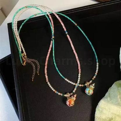 Enamel Gourd Pendant Red Agate Beaded Long Necklace for Luck Success Wealth-LuckyCharms.Shop