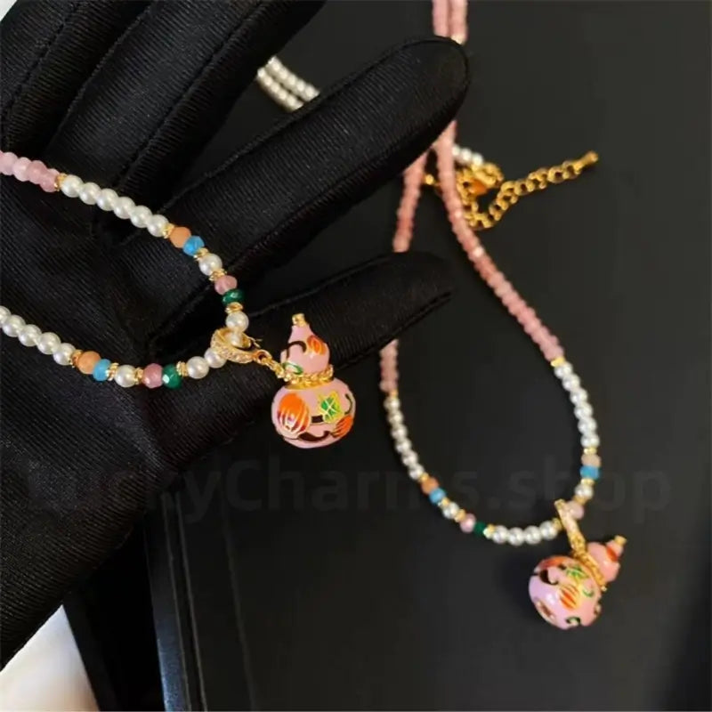Enamel Gourd Pendant Red Agate Beaded Long Necklace for Luck Success Wealth-LuckyCharms.Shop