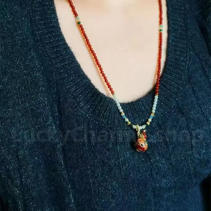Enamel Gourd Pendant Red Agate Beaded Long Necklace for Luck Success Wealth-LuckyCharms.Shop