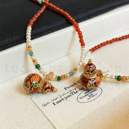 Enamel Gourd Pendant Red Agate Beaded Long Necklace for Luck Success Wealth-LuckyCharms.Shop