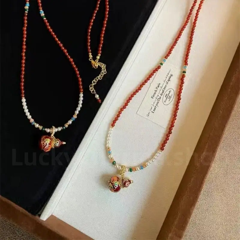 Enamel Gourd Pendant Red Agate Beaded Long Necklace for Luck Success Wealth-LuckyCharms.Shop