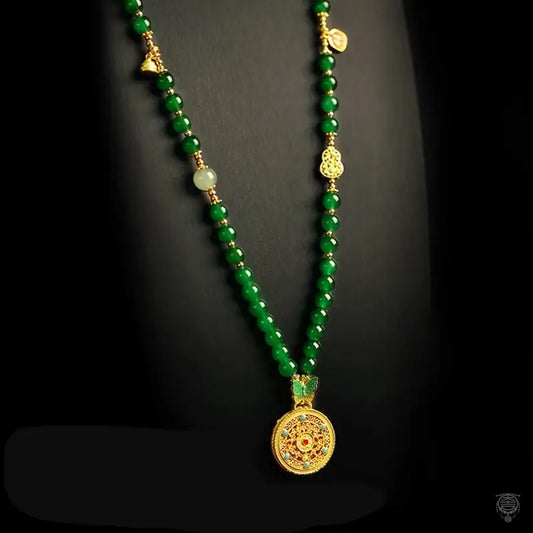 Eight Treasures Compass Pendant Necklace - Jade-Green Bead Long Strand