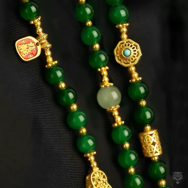 Eight Treasures Compass Long Necklace - Emerald-Tone Glass & Turquoise