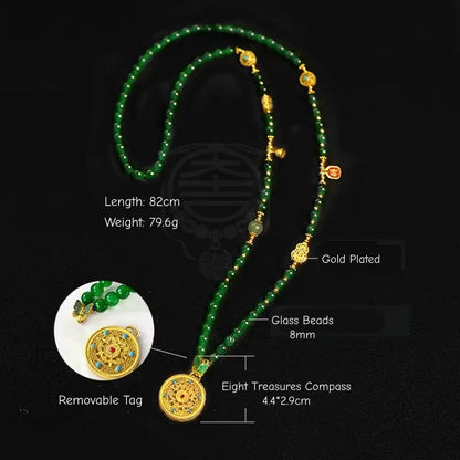 Eight Treasures Compass Long Necklace - Emerald-Tone Glass & Turquoise
