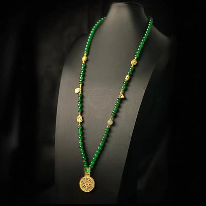 Eight Treasures Compass Long Necklace - Emerald-Tone Glass & Turquoise