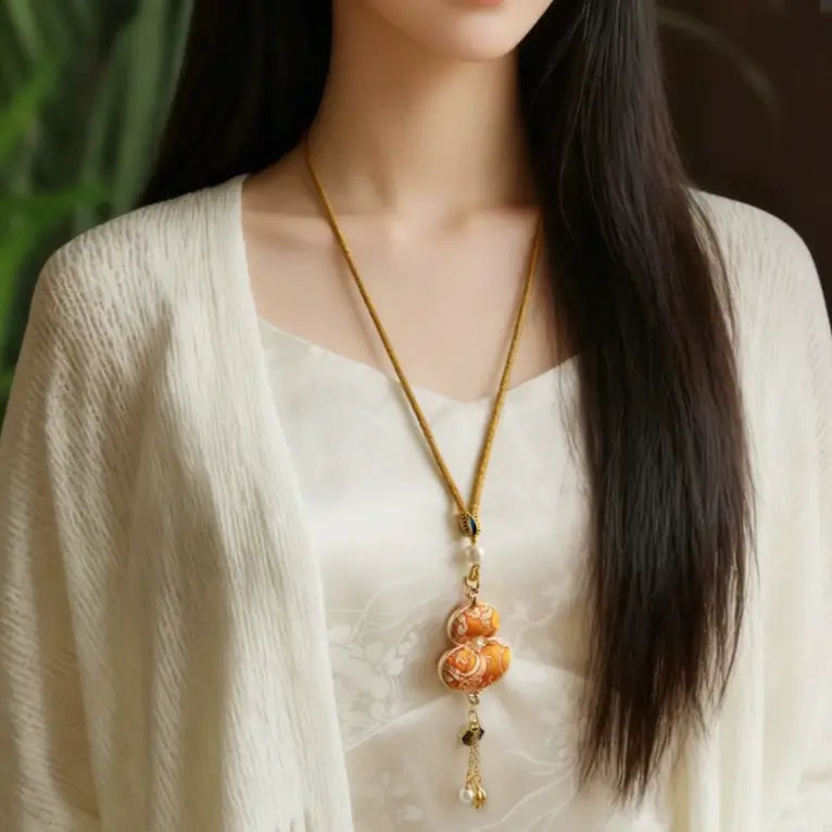 Chinese Style Intangible Cultural Heritage Double-Sided Song Brocade Gourd Pendant Necklace & Sweater Chain-LuckyCharms.Shop