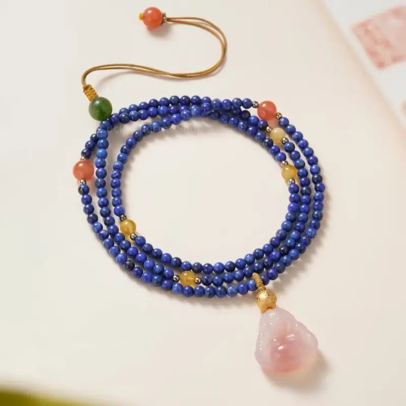 Lapis Lazuli & Agate Buddha Pendant Necklace - Potala Palace Blessed Multi-Gem Strand