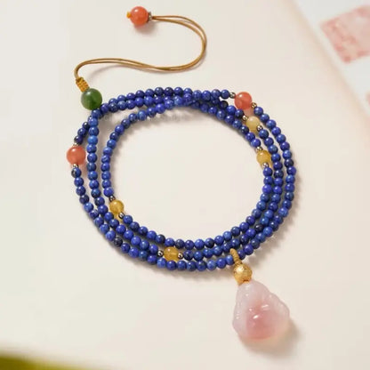 Lapis Lazuli & Agate Buddha Pendant Necklace - Potala Palace Blessed Multi-Gem Strand