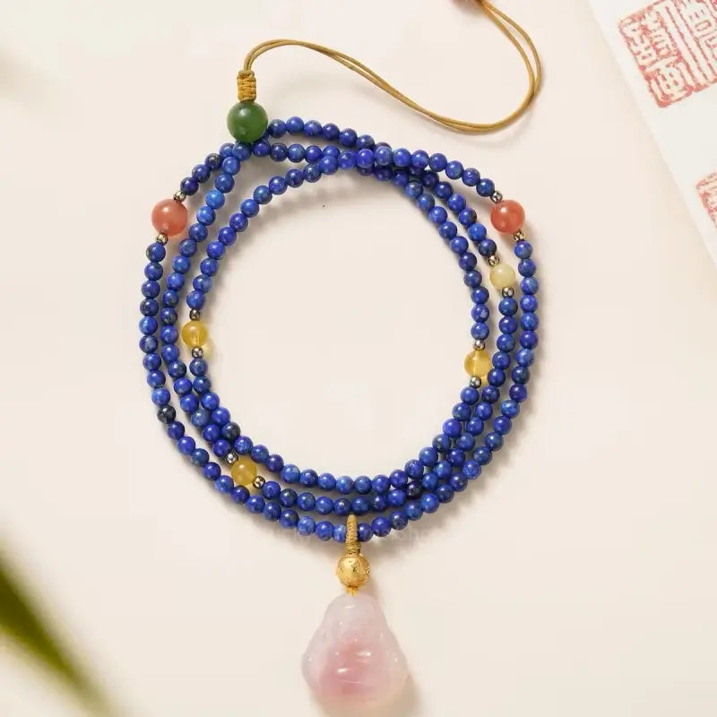 Lapis Lazuli & Agate Buddha Pendant Necklace - Potala Palace Blessed Multi-Gem Strand