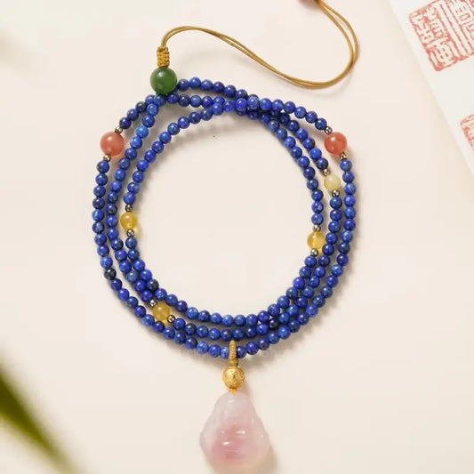 Lapis Lazuli & Agate Buddha Pendant Necklace - Potala Palace Blessed Multi-Gem Strand