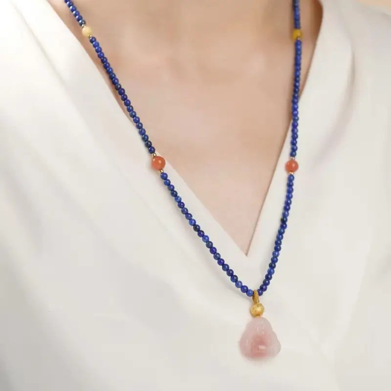 Lapis Lazuli & Agate Buddha Pendant Necklace - Potala Palace Blessed Multi-Gem Strand