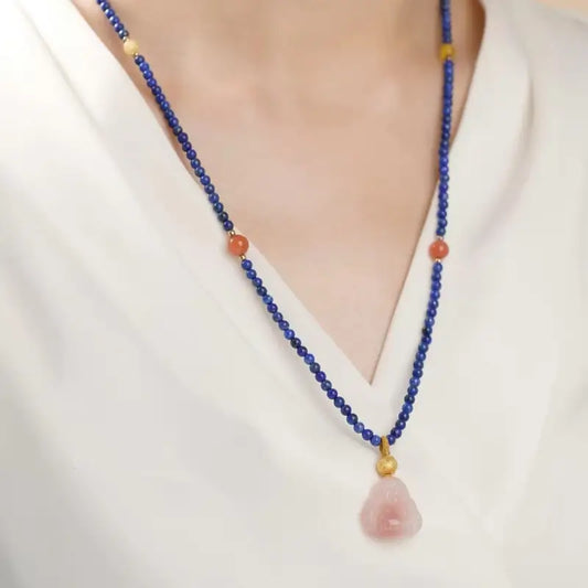 Lapis Lazuli & Agate Buddha Pendant Necklace - Potala Palace Blessed Multi-Gem Strand