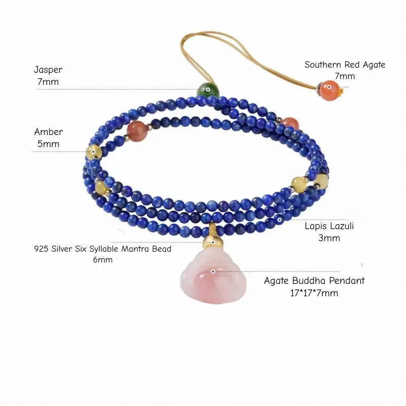 Lapis Lazuli & Agate Buddha Pendant Necklace - Potala Palace Blessed Multi-Gem Strand