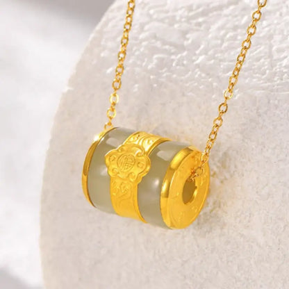 Collier pendentif Lu Lu Tong en jade Hetian naturel et or pur | Symbole de fortune, forme de tonneau, bijou élégant porte-bonheur à offrir ou à porter au quotidien