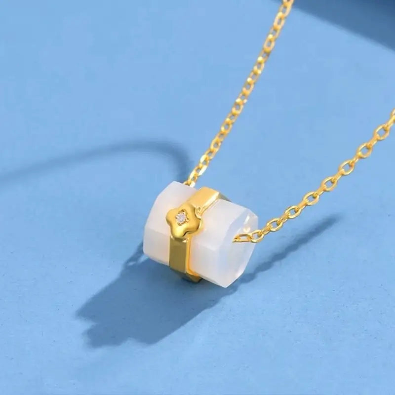 18K Gold & Natural White Mother of Pearl Lu Lu Tong Pendant Necklace | Diamond Accent, Barrel-Shaped