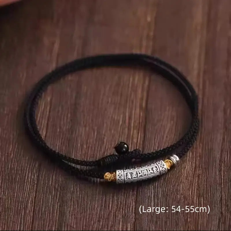 999ファインシルバー 六音節マントラ カーブチューブ ル・ル・トン メンズネックレス | ブラックゴールド編みロープ 長さ調節可能