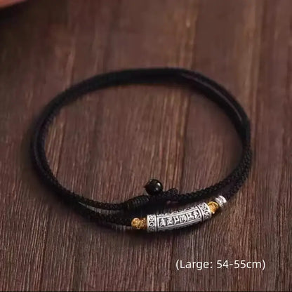 999ファインシルバー 六音節マントラ カーブチューブ ル・ル・トン メンズネックレス | ブラックゴールド編みロープ 長さ調節可能