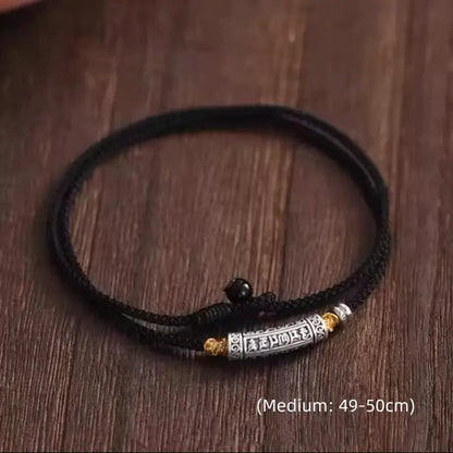 999ファインシルバー 六音節マントラ カーブチューブ ル・ル・トン メンズネックレス | ブラックゴールド編みロープ 長さ調節可能