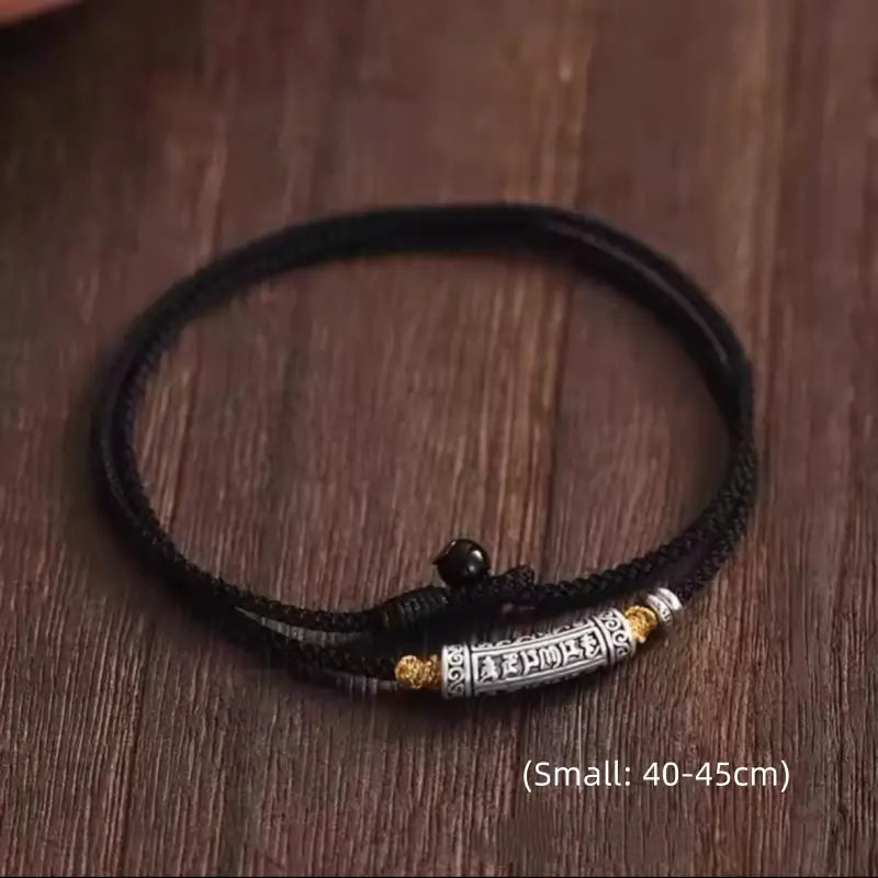 999ファインシルバー 六音節マントラ カーブチューブ ル・ル・トン メンズネックレス | ブラックゴールド編みロープ 長さ調節可能