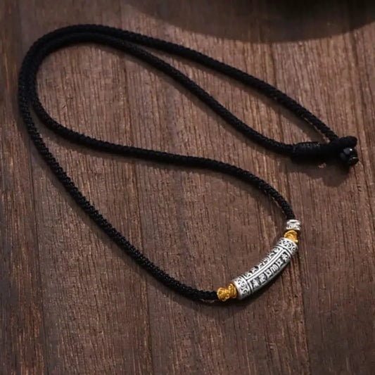 999 Fine Silver Six-Syllable Mantra Curved Tube Lu Lu Tong Men's Necklace | Black Gold Braided Rope, Adjustable Length