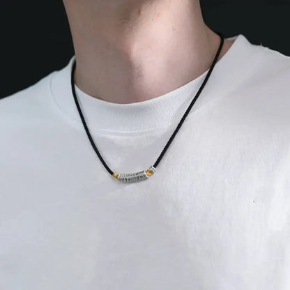 999ファインシルバー 六音節マントラ カーブチューブ ル・ル・トン メンズネックレス | ブラックゴールド編みロープ 長さ調節可能