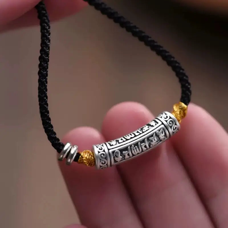 999ファインシルバー 六音節マントラ カーブチューブ ル・ル・トン メンズネックレス | ブラックゴールド編みロープ 長さ調節可能