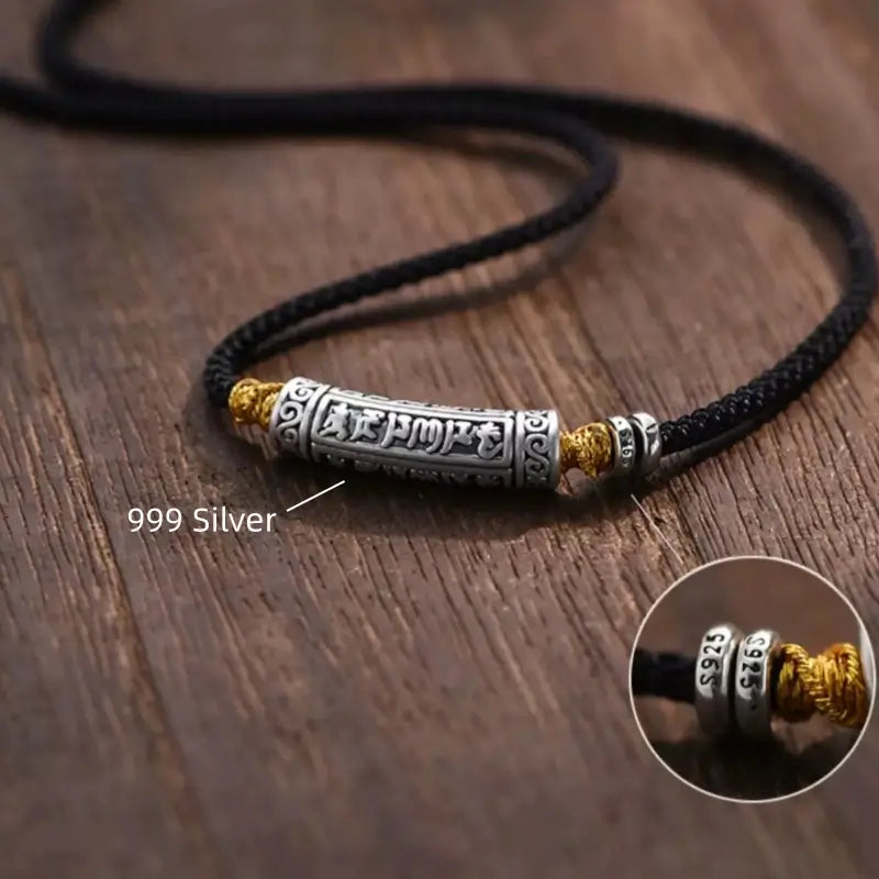 999ファインシルバー 六音節マントラ カーブチューブ ル・ル・トン メンズネックレス | ブラックゴールド編みロープ 長さ調節可能