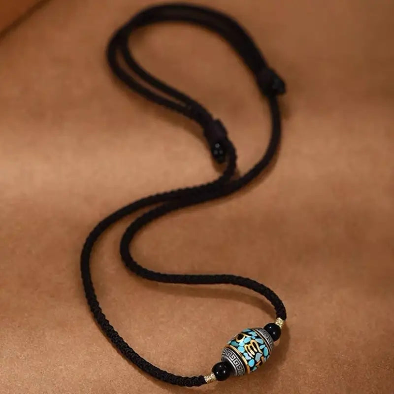 Collier pendentif Lu Lu Tong rotatif en argent 925 rétro tibétain avec mantra à six syllabes | Cordon tressé ajustable