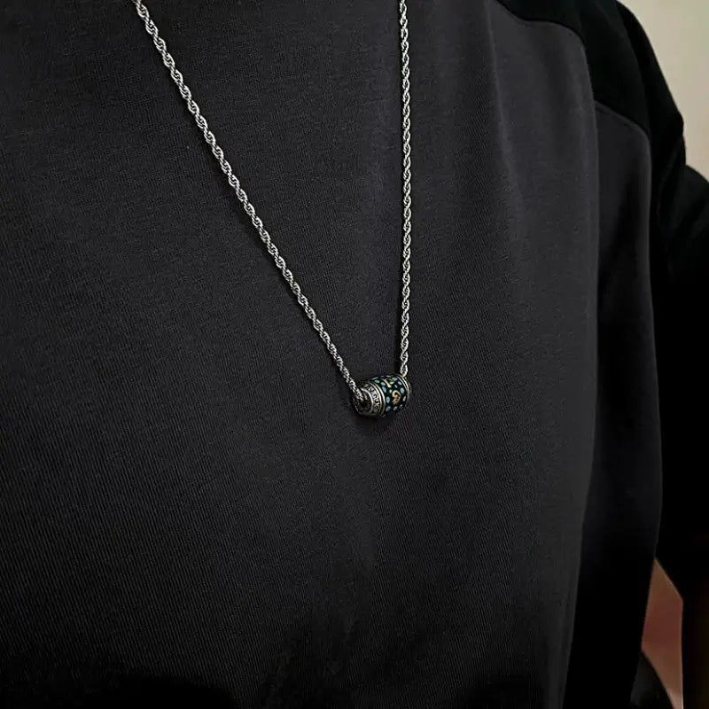 Collier pendentif Lu Lu Tong rotatif en argent 925 rétro tibétain avec mantra à six syllabes | Cordon tressé ajustable