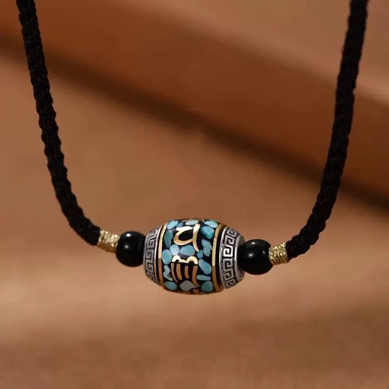 Collier pendentif Lu Lu Tong rotatif en argent 925 rétro tibétain avec mantra à six syllabes | Cordon tressé ajustable
